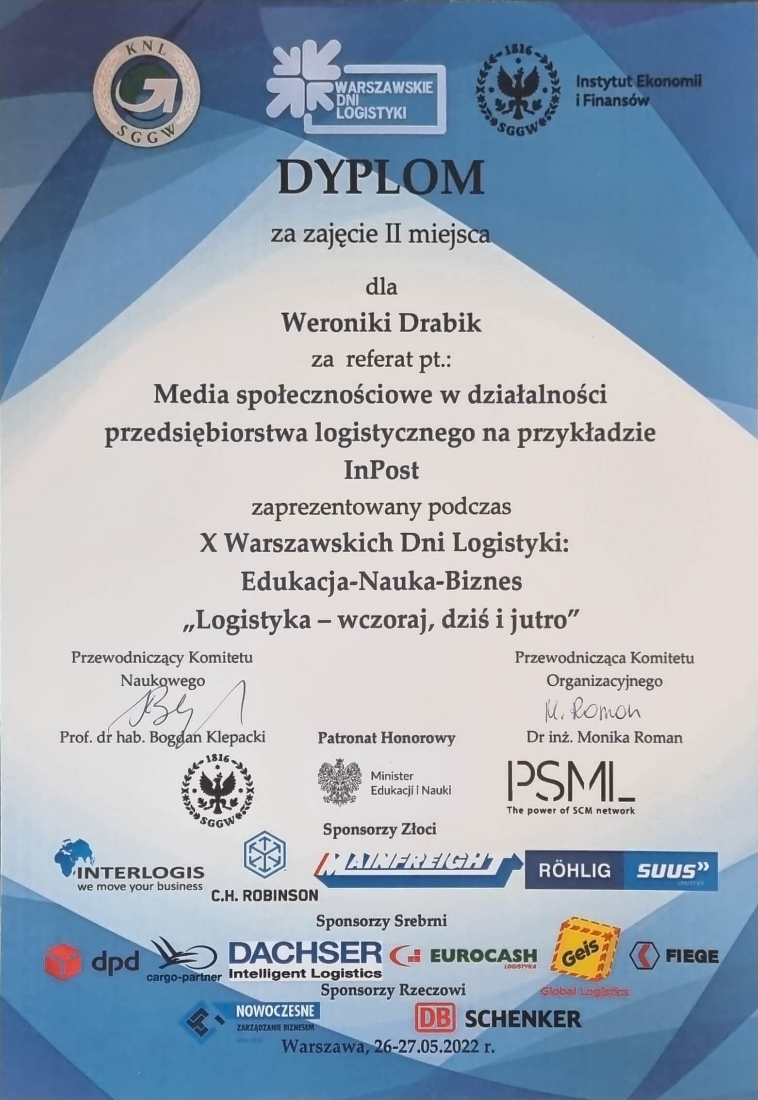 "X Warszawskie Dni Logistyki" - dyplom Weroniki Drabik