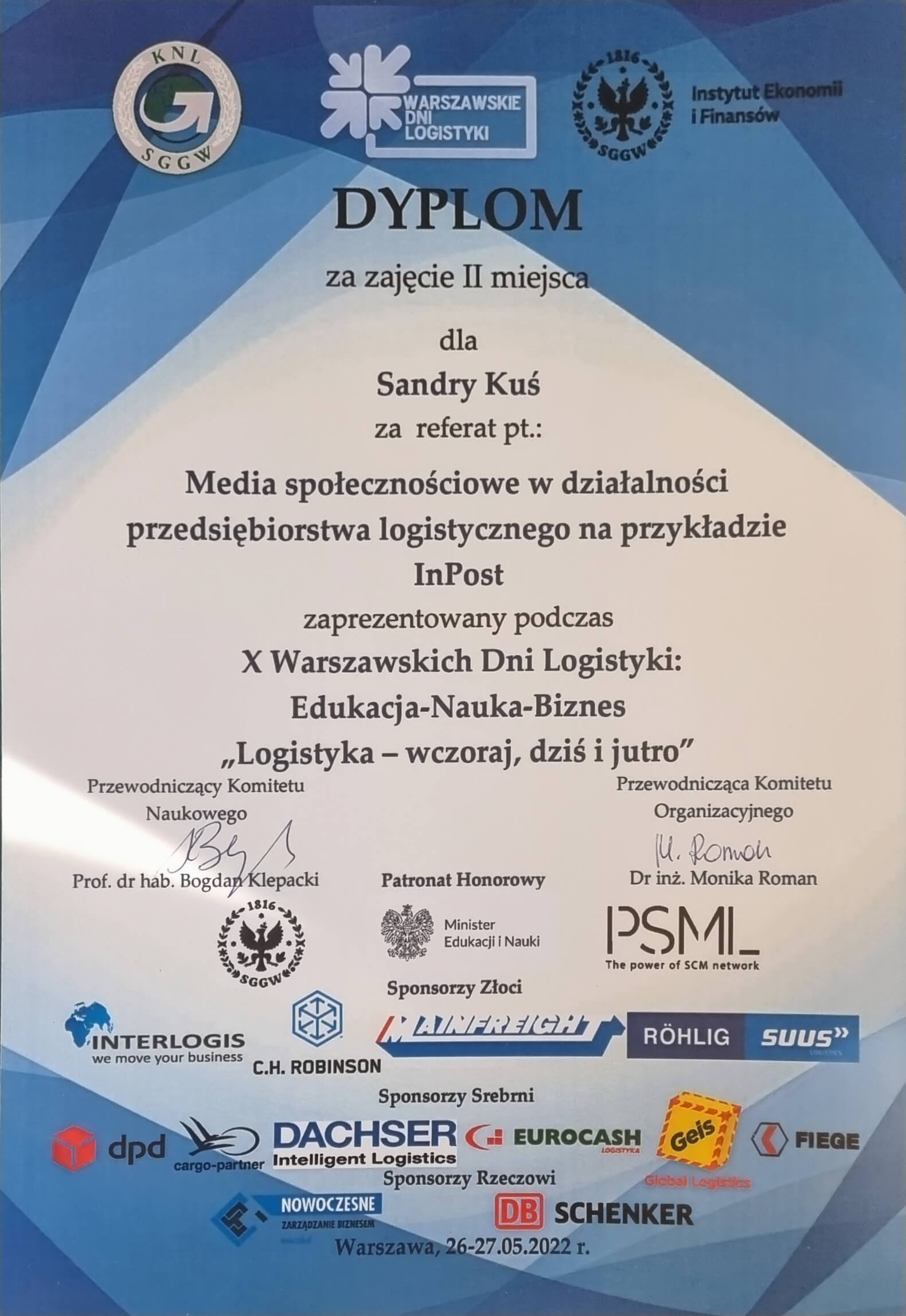 "X Warszawskie Dni Logistyki" - dyplom Sandra Kuś