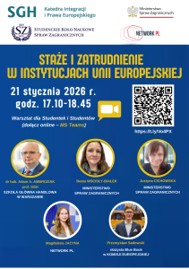 Plakat - webinarium nt. staży i zatrudnienia w instytucjach unijnych