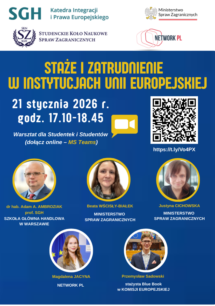 Plakat - webinarium nt. staży i zatrudnienia w instytucjach unijnych