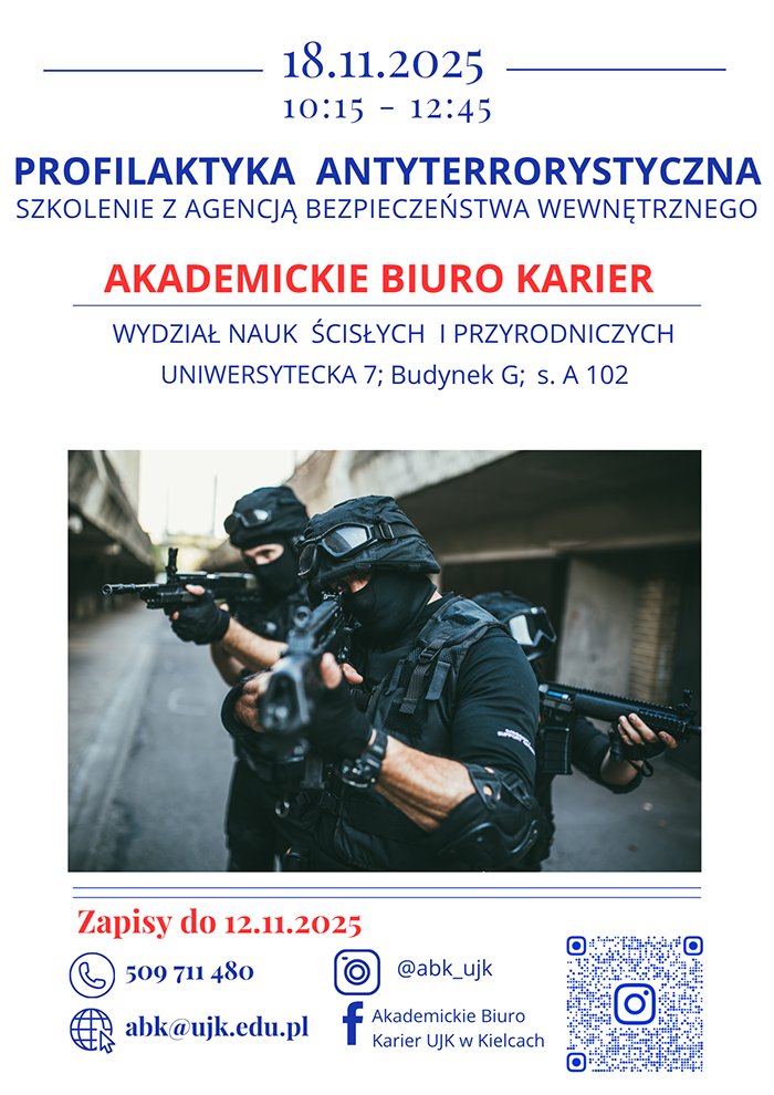 Plakat - Szkolenie Reagowanie na zdarzenia o charakterze terrorystycznym ABW 18.11.2025 r. 10:15-12:12:45